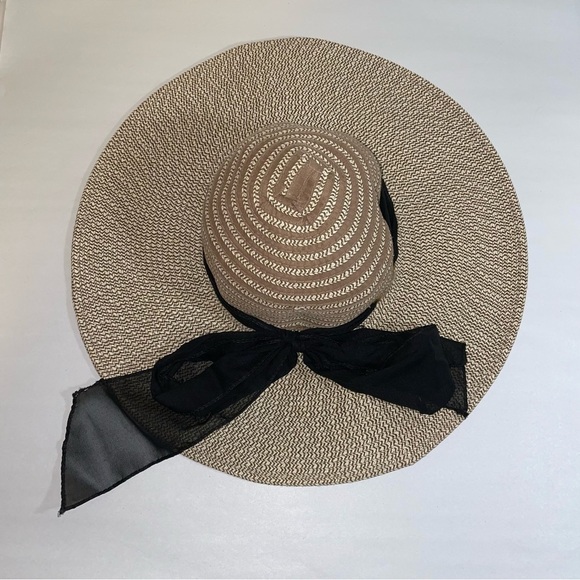 Straw Floppy Sun Hat with Black Bow Sash Detail - Picture 3 of 5
